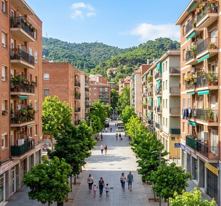 Vistas de las calles residenciales, zonas verdes y bloques de pisos en La Trinitat Nova, Barcelona